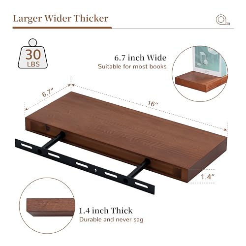 Image of Marsmiles Wood Floating Shelves | Rustic Mahogany Wood Wall Shelves Set of 2 | 16 inch W x 6.7 inch D Wooden Floating Shelves for Bathroom Kitchen Living Room Bedroom