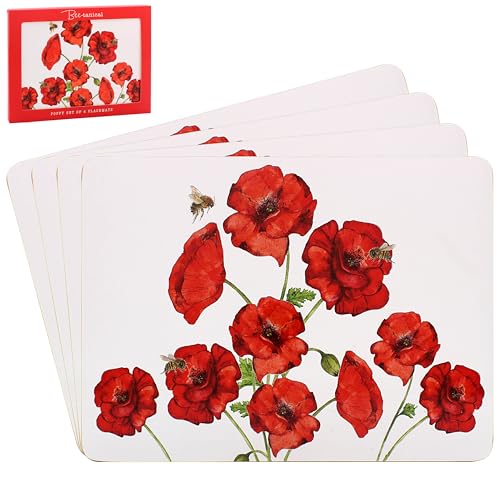 Image of Lesser & Pavey Sarah Boddy Bee-Tanical Poppy Placemats Set of 4 For Dining | Ideal Kitchen Mats Non Slip Washable Place Mats For Table | Easy to Clean Table Mats For Dinner Plates & Any Time Meal