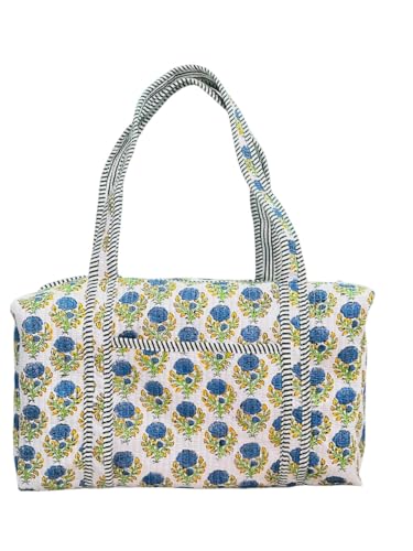 Large Cotton Weekender Travel Bag, Handmade Quilted Fabric Duffle Bag, Block Printed Overnight Bags, Hand Luggage Bag, Bags for Women,