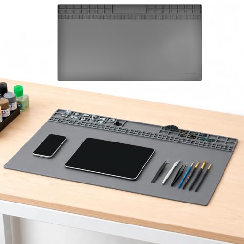EAAGHK Tapis de Soudure en Silicone 60 x 35 cm, Tapis de Travail Antistatique Résistant à la Chaleur jusqu'à 500°C, avec Compartiments Magnétiques et...