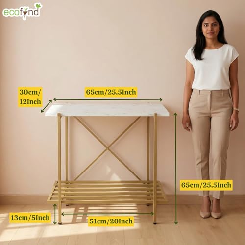 Image of ecofynd 26 Inch 2 Tier Console Table, Metal with Engineered Wooden top for Long Narrow Hallway, Entryway, Living Room, Dining Room, Office, Home Side Table Storage Shelves (WHTGO, CT005)