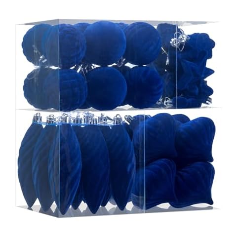 48Pcs Blue Velvet Christmas Ornaments Set, Assorted Flocked Christmas Baubles Decorations, Shatterproof Christmas Balls Hanging Decor for Xmas Tree/Home/Party/Holiday (Blue) Cover