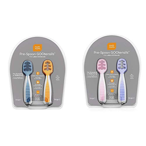 NumNum Pre-Spoon GOOtensils | Baby Spoon Set (First Stage + Second Stage) | BPA Free Silicone Self Feeding Baby + Toddler Utensil | Blue/Orange and Lilac/Rosebud