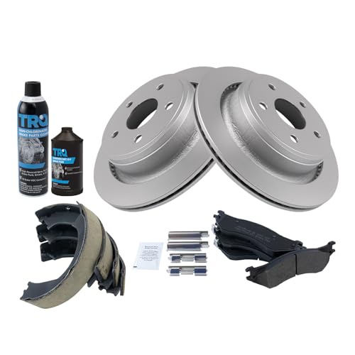 Image of TRQ Rear Brake Pad & Rotor Kit, with Chemical Kit Parking Brake Shoe Set Semi-Metallic Compatible with 2004-2006 Dodge Ram 1500