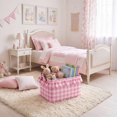 Image of Boao 1 Pcs Pink Ruffled Gingham Canvas Basket, Rectangular Organizing Decorative Storage Basket with Handle, Cute Farmhouse Home Decor for Nursery Room Bathroom Living Room