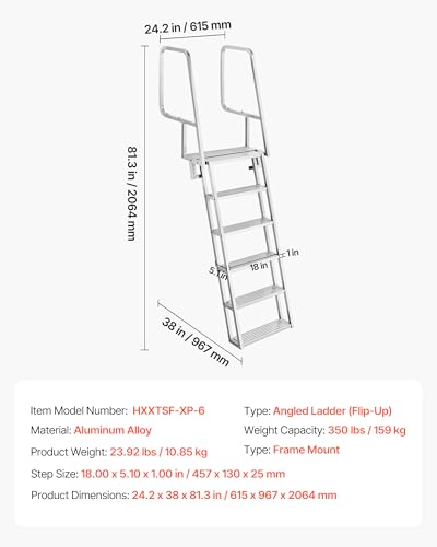 Image of VEVOR Flip-Up Dock Ladder, 6-Step, Heavy-Duty Aluminum Alloy Pontoon Boat Swim Ladder, with Non-Slip Wide Steps, 350 lbs Weight Capacity, Pull Rope Assist, Comfort Use for Lake Pool Marine Boarding