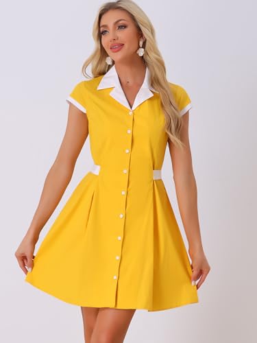 Image of Allegra K Women's Vintage Button Down Shirt Dress Notch Lapel Short Sleeve Belted Office Mini Short Dresses