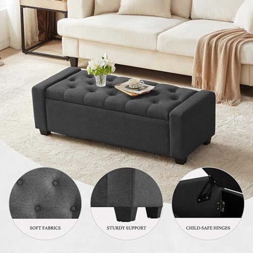 Image of Huatean Home 48 inch Ottoman with Storage, Storage Ottoman Bench with Safety Hinge, Upholstered Entryway Bench with Seating for Bedroom, Living Room, Holds up to 330 lb, Dark Gray