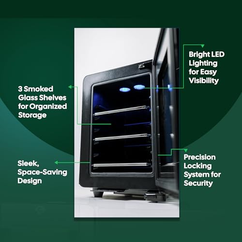 Terpkooler Essential Cooler Compact Portable Mini Fridge with Temp & Humidity Control, 3 USB Ports, Smoked Glass Shelves, Lockable UV Glass Door for Herbs, Oils, Cosmetics, and More - Image 4