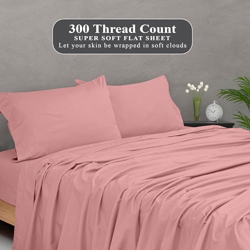 Image of Royale Linens 300 Thread Count 100% Long Staple Combed Cotton Flat Sheet - Super Soft - Top Sheets - Queen Flat Sheet Sold Separately - Breathable, Cool & Crisp Percale Sheets Only (Queen, Pink)