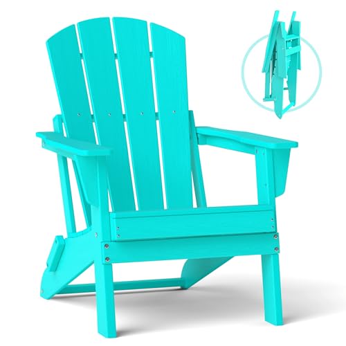 Image of Folding Adirondack Chair, Lightweight & Portable HDPE Patio Chair, All-Weather Space-Saving Foldable Fire Pit Seating for Camping, Backyard, Deck-Aruba Blue