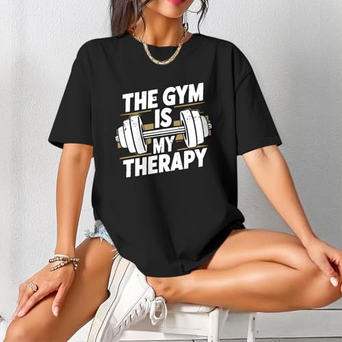 Funny Gym Shirts for Women Workout Weight Lifting Tshirts Weightlifting Graphic Oversized Gym is My Therapy Tee Tops3
