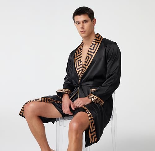 Image of TONY AND CANDICE Men's Satin Robe Lightweight Long Sleeve Silk Kimono Bathrobe with Shorts Set Sleepwear