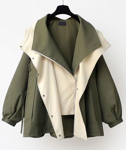 SOMTHRON Women's Hooded Trench Coat Lightweight Lapel Button Down Jacket Color Block Mid-Length Windbreaker2