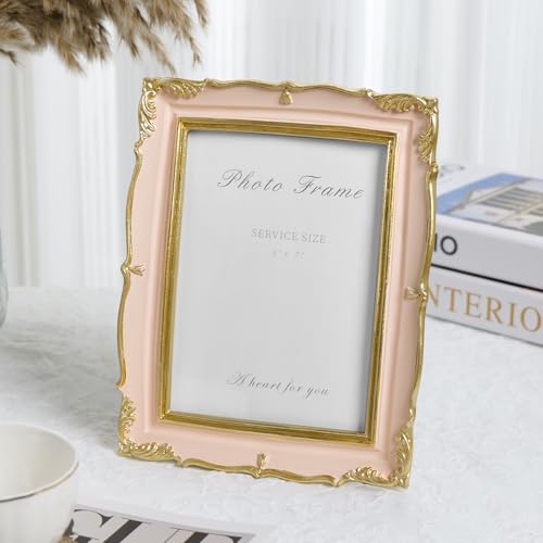 Vintage Pink 5x7 Picture Frame, Pink and Gold 5 by 7 Antique Photo Frames, Ornate Textured Hand-Crafted Resin Frame with Glass Front for Tabletop Display, Retro Design Home Decor