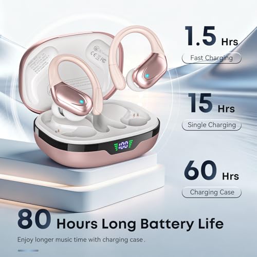 Image of HAOYUYAN Sports Bluetooth Headphones, 80Hrs Playtime Wireless Earbuds with LED Power Display, IPX7 Waterproof Earphones for Workout /Running, Noise Canceling Headset Ear Buds Rose Gold
