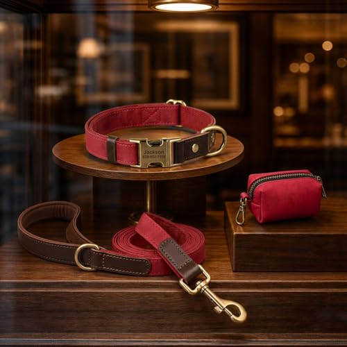 Image of Personalized PU Leather Dog Collars, Quick Release Buckle, Red,L