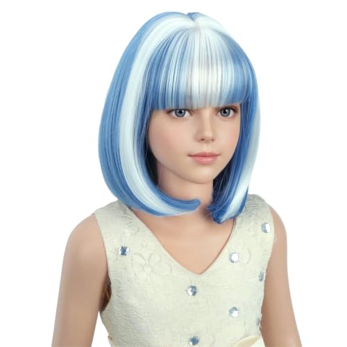 Image of PATTNIUM Blue and White Bob Wig Short Blue Straight Wig with Bangs Cosplay Party Synthetic Rose Net Daily Wear Wig