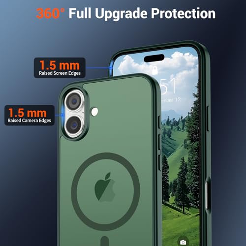 Image of SUPFINE Magnetic for iPhone 16 Plus Case (Compatible with MagSafe) (Military Grade Drop Protection) Slim Translucent Matte Shockproof with Anti-Fingerprint Phone Case,Forest Green