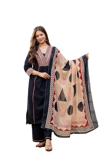 Image of MEERA FAB Women Floral Printed Pure Cotton Straignt V-Neck Kurta with Trousers & Dupatta