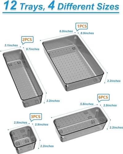 Image of Kienlix Desk Drawer Organizers Trays Set Clear Plastic Storage Bins Bathroom Drawer Tray Dividers Vanity Trays Organizer for Bedroom Dresser Makeup Kitchen Utensil Office (12pc Set (Black))