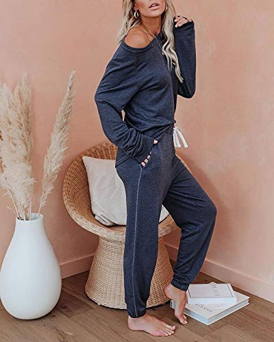Eurivicy Women's Solid Sweatsuit Set 2 Piece Long Sleeve Pullover and Drawstring Sweatpants Sport Outfits Sets