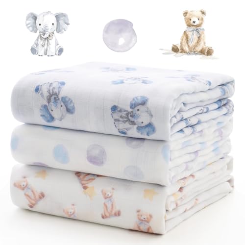 Image of Momcozy Muslin Best Wishes Swaddle Blankets, Ultra Soft Neutral Registry Essentials, Whispering Bears & Elephants, Breathable Large 47'' x 47'' Newborn Boys Girls Receiving Blanket