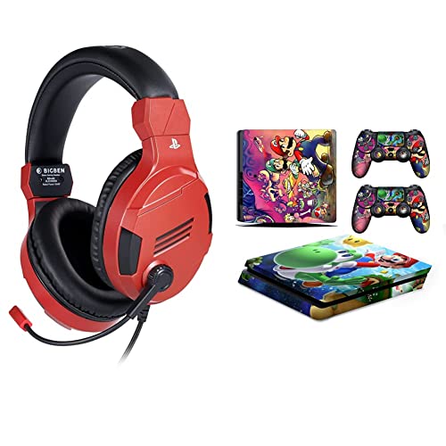 Image of Bigben official Sony licensed Stereo Headset for PS4, PC, Smartphones and Tablets (Red)+Fox Micro PS4 Slim Console Mario Skin Decal Vinal Sticker & 2 Controller Decal Vinyl Protective Covers Stickers