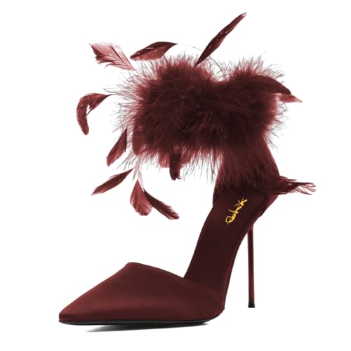 XYD Women Feather Ankle Strap D'Orsay Pumps Back Zip Sexy High Heels Pointed Toe Stylish Evening Club Shoes