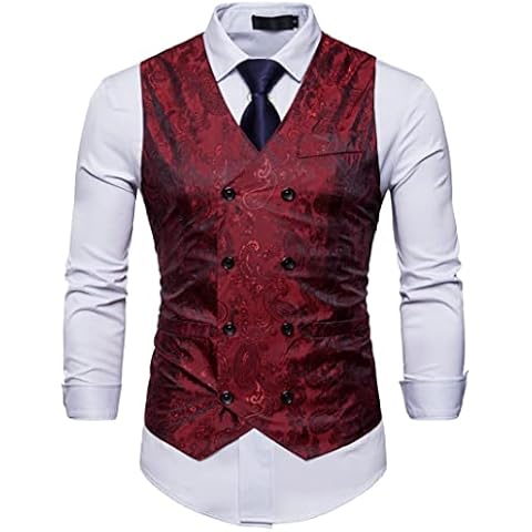RONGKIM Mens Victorian Vest Double Breasted Suit Vest Slim Fit Brocade Paisley Floral Waistcoat (Red, Small) Cover