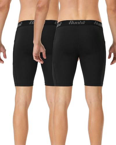 Runhit 1/2 Pack Herren Kompressionsshorts - Base Layer Schnelltrocknende Laufshorts Fußball Unterziehhose Atmungsaktive Radlerhose Kompressionshose Kurz mit Handytasche Schwarz*2 M