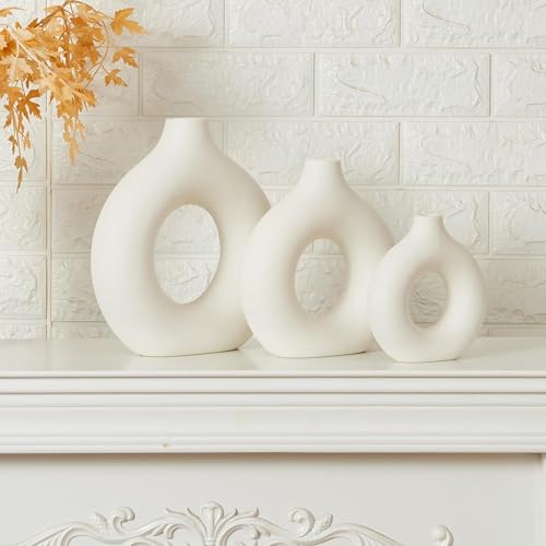 Image of Amazon Basics Hand Crafted Ceramic Donut Shaped Vase with Pampas Grass | for Unique Home Decor (Pack of 3), White