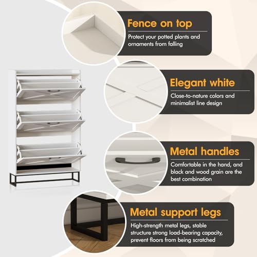 Image of Maupvit Shoe Storage Cabinet with 3 Flip Drawers, Freestanding Organizer with Metal Legs for Entryway, Narrow Shoe Rack Cabinet, White