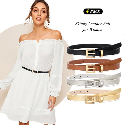 WHIPPY Set of 4 Women Skinny Leather Belt Thin Waist Belt with Metal Buckle for Pants Jeans Dresses2
