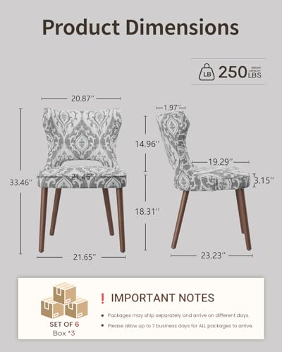 Image of Wooden Dining Chairs Set of 6, Farmhouse Dining Room Chairs with Solid Wood Legs, Mid Century Fabric Kitchen Chairs, Upholstered Chair for Restaurant & Cafe- Jacquard