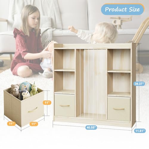 Image of EXPERLAM 4-in-1 Toy Storage Organizer with Stuffed Animal Storage, Solid Pine Kids Bookshelf and Toy Shelf, 6 Cube Shelf with 2 Removable Drawers, Stuffed Animal Zoo for Kids Room, Playroom, Nursery