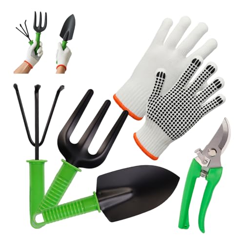 Kit para Jardinagem 5 Peças - Pá, Garfo, Ancinho + Tesoura de Poda + Luva