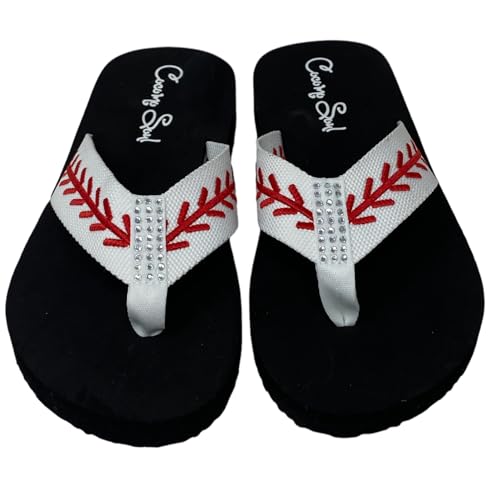 Cocomo Soul Rhinestone Baseball Flip Flops | Embroidered Slippers | Sandals for Women | Bling3