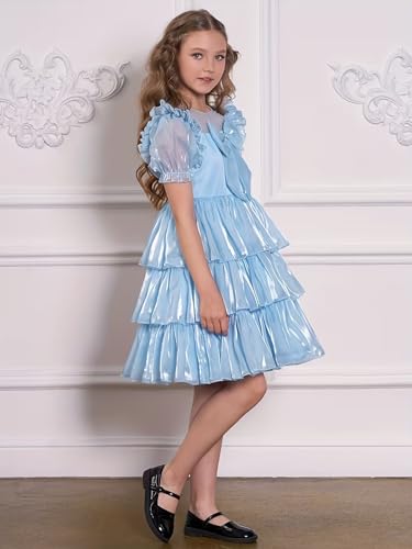 Image of Tagas Girls Dress | Premium Jimmy Choo Fabric Look | Light Sky Blue Layered Frock with Bow | Birthday, Wedding & Festive Dress for Kids (Ages 1 9 Years)| Knee Length
