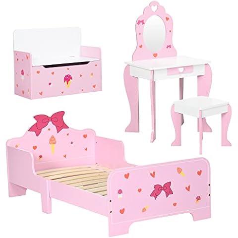 ZONEKIZ 4PCs Kids Bedroom Furniture Set with Bed, Toy Box Bench, Dressing Table and Stool, Princess Themed, for 3-6 Years Old, Pink Cover