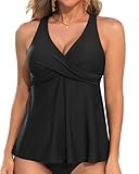 Tempt Me Women Tankini Top Only Flowy Swim Tops V Neck Bathing Suit Top Black M