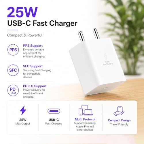 Image of 25W [BIS Certified] Type C Super Fast Charging(SFC) Charger Adapter for Samsung with Type C Cable Included |Compatible with Samsung Galaxy S27,S26,S25, S24 /Ultra and Other S /F /M /A /Z Series (White)