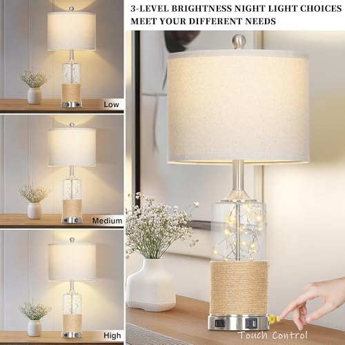 25" Coastal Glass Lamps Set of 2, Touch Control 3-Way Dimmable Night Light Modern Table Lamp with USB A+C Ports & AC Outlets Linen Fabric Shade for Living Room Bedroom Silver Ocean(LED Bulbs Included) - Image 7