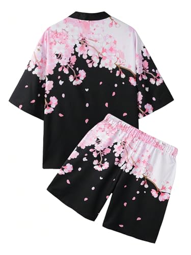 Men's 2 Piece Outfits Short Sleeve Sakura Japanese Kimono Cardigans and Drawstring Waist Shorts2