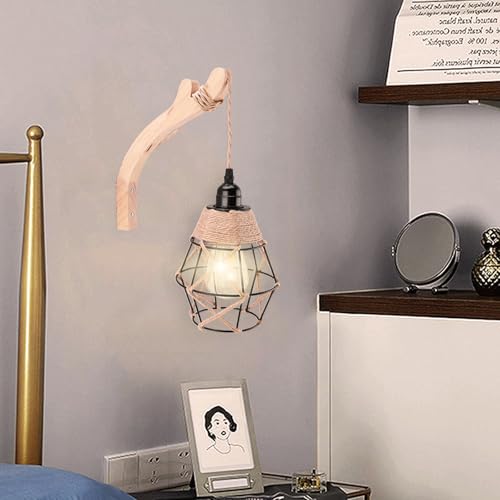 Image of Hanging Lights with Plug in Cord Set of Two, Farmhouse Hanging Lamps Hand Woven Rattan Wall Sconce with Wood Arm Hemp Rope Cord, Boho Wall Sconce for Bedroom Living Room (Plug-in Rocker arm)