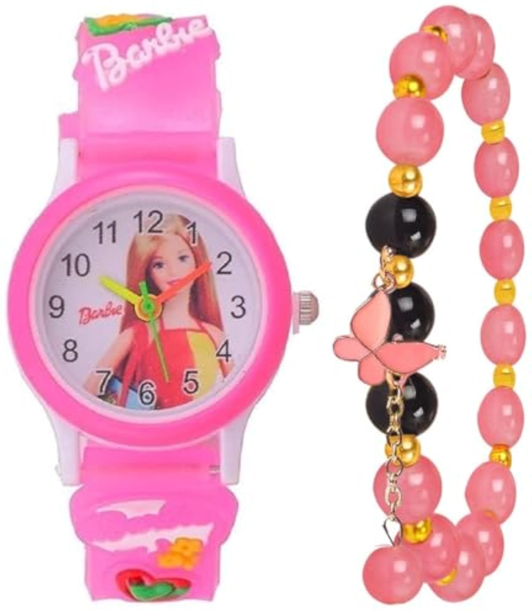 Girls Pink Analog Watch & Beaded Bracelet Combo