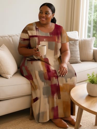 Image of PinkPatty Plus Size Dress for Women Casual Crew Neck Short Sleeve Maxi Dress Oversized Summer Beach Dresses with Pockets