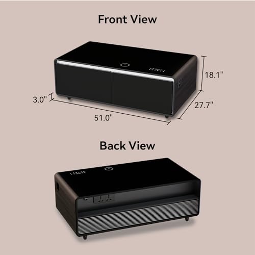 LIVTAB Smart Coffee Table, 27.7" D x 51" W x 18.1" H, Living Room Table with Built in Fridge and Speakers, Smart Table with 15W Wireless Charging, USB Chargers and 110V Outlets (Brown)