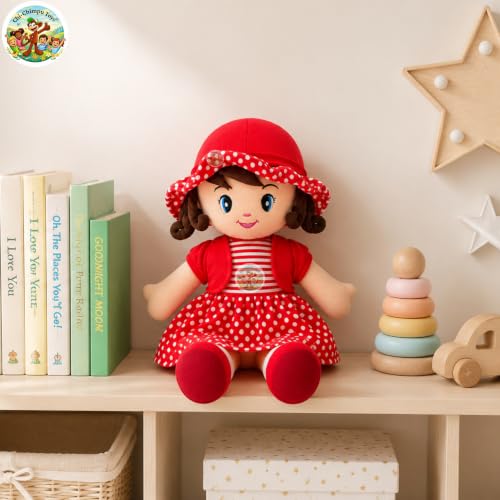 Image of Chi-Chimpu Toyss Soft Curly Doll 30cm (Red) | Premium Plush Stuffed Doll for Girls & Kids | Cute Baby Doll with Curly Hair | Ultra Soft Hugging Toy | Birthday Gift, Baby Sleeping Toy,Washable Soft Toy