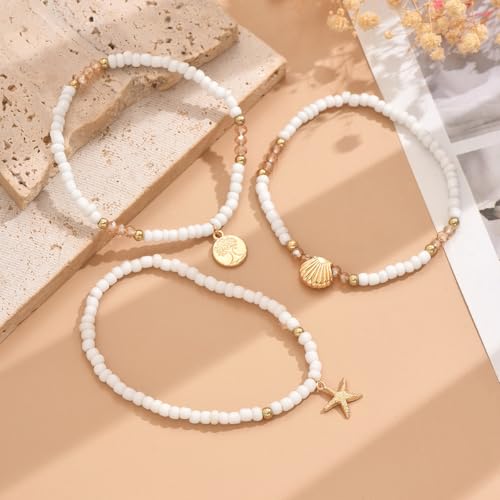 Image of Ankle Bracelets for Women Waterproof Beach Jewelry for Women Elastic Beaded Anklets Boho Seashell Pearl Starfish Anklets for Women Foot Jewelry